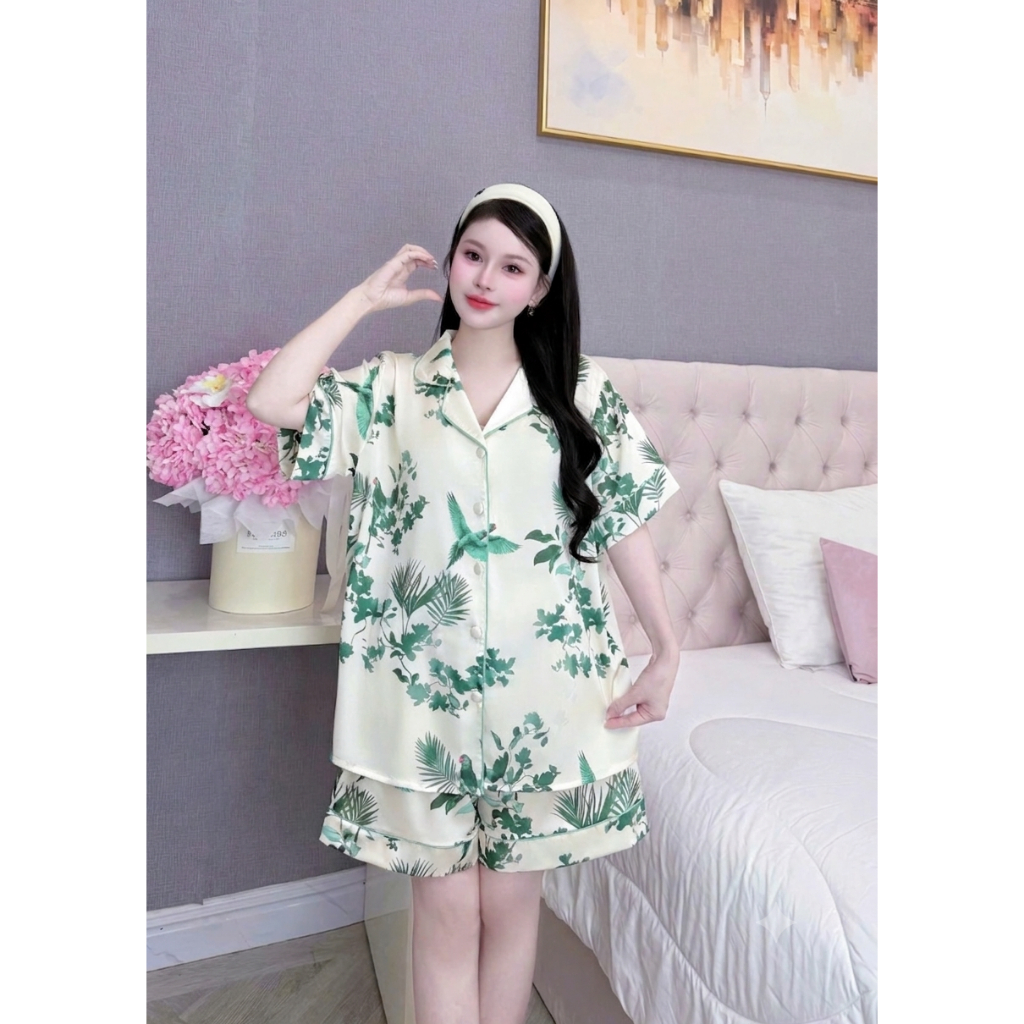 [40-60kg]Bộ Đồ Ngủ Lụa Latin, Pijama Nữ Mặc Nhà Sang Chảnh, Thiết Kế Họa Tiết Thanh Lịch T01