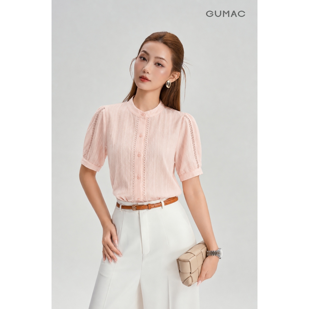 Áo kiểu form suông GUMAC tay lửng cổ trụ nẹp nút và tay áo phối viền ren AG01005