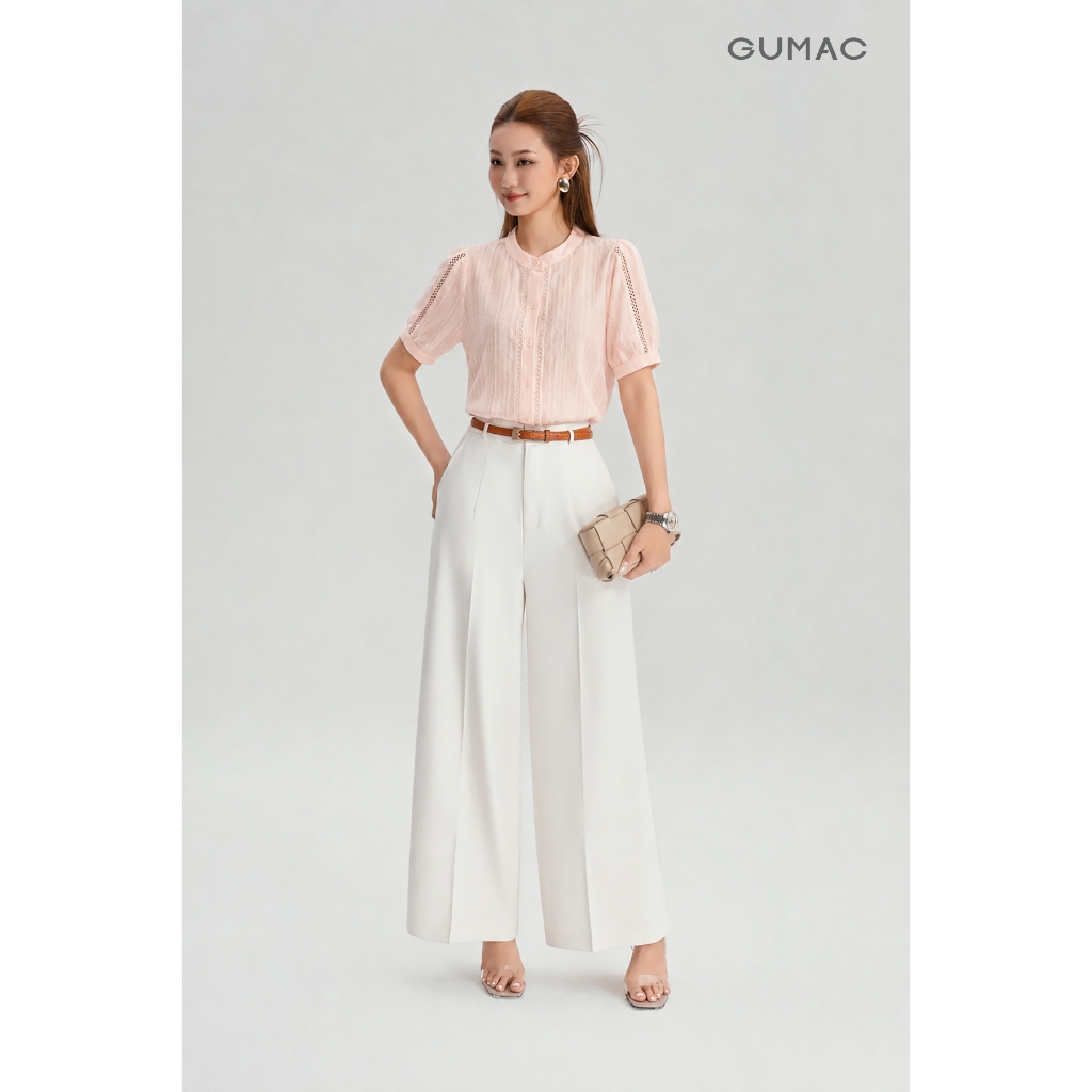 Áo kiểu form suông GUMAC tay lửng cổ trụ nẹp nút và tay áo phối viền ren AG01005
