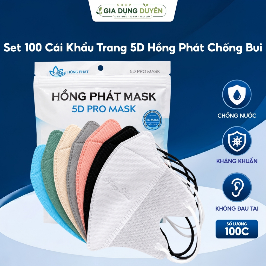 Set 100 Cái Khẩu Trang 5D Hồng Phát Chống Bui, Kháng Khuân 3 Lớp
