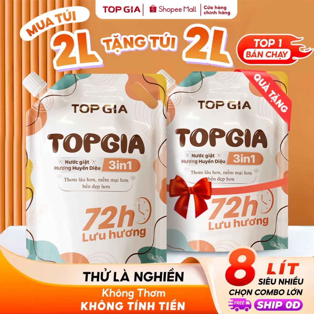 Nước Giặt TopGia 3in1 Hương Huyền Diệu Dịu Nhẹ Làm Sạch Vết Bẩn, Lưu Hương 72h, Túi 2L