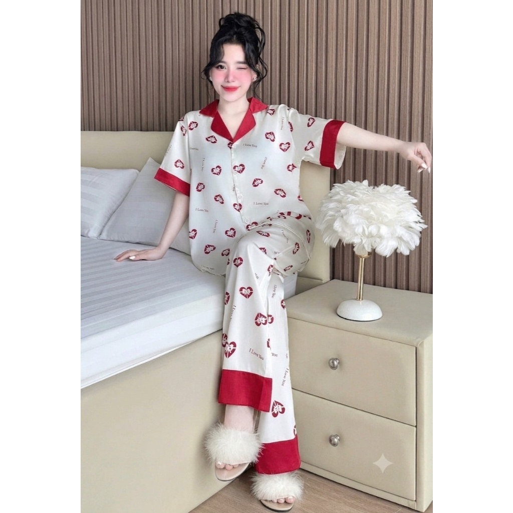 [40-60kg]Bộ Đồ Ngủ Lụa Latin, Pijama Nữ Mặc Nhà Sang Chảnh, Thiết Kế Họa Tiết Thanh Lịch T01