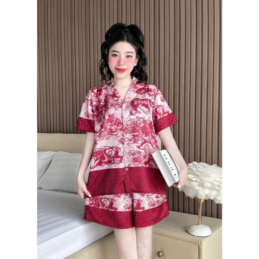 [40-60kg]Bộ Đồ Ngủ Lụa Latin, Pijama Nữ Mặc Nhà Sang Chảnh, Thiết Kế Họa Tiết Thanh Lịch T01