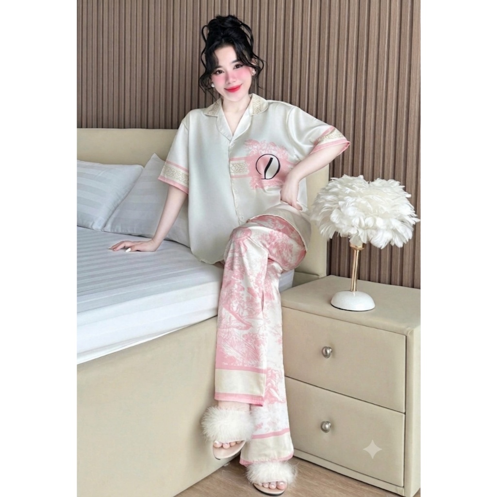 [40-60kg]Bộ Đồ Ngủ Lụa Latin, Pijama Nữ Mặc Nhà Sang Chảnh, Thiết Kế Họa Tiết Thanh Lịch T01