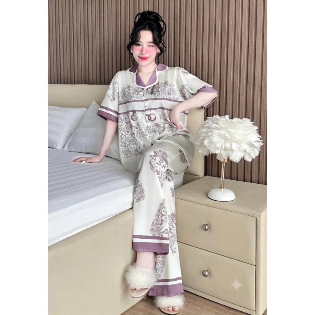 [40-60kg]Bộ Đồ Ngủ Lụa Latin, Pijama Nữ Mặc Nhà Sang Chảnh, Thiết Kế Họa Tiết Thanh Lịch T01