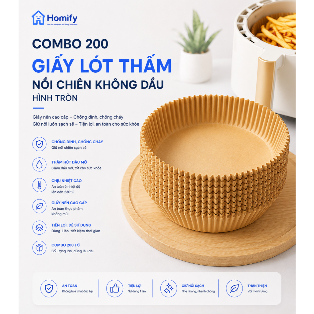 Combo 200 Tờ Khay Giấy Nến Tròn Cho Nồi Chiên Không Dầu Homify Chịu Nhiệt 230°C