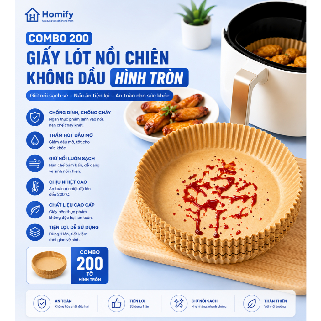Combo 200 Tờ Khay Giấy Nến Tròn Cho Nồi Chiên Không Dầu Homify Chịu Nhiệt 230°C