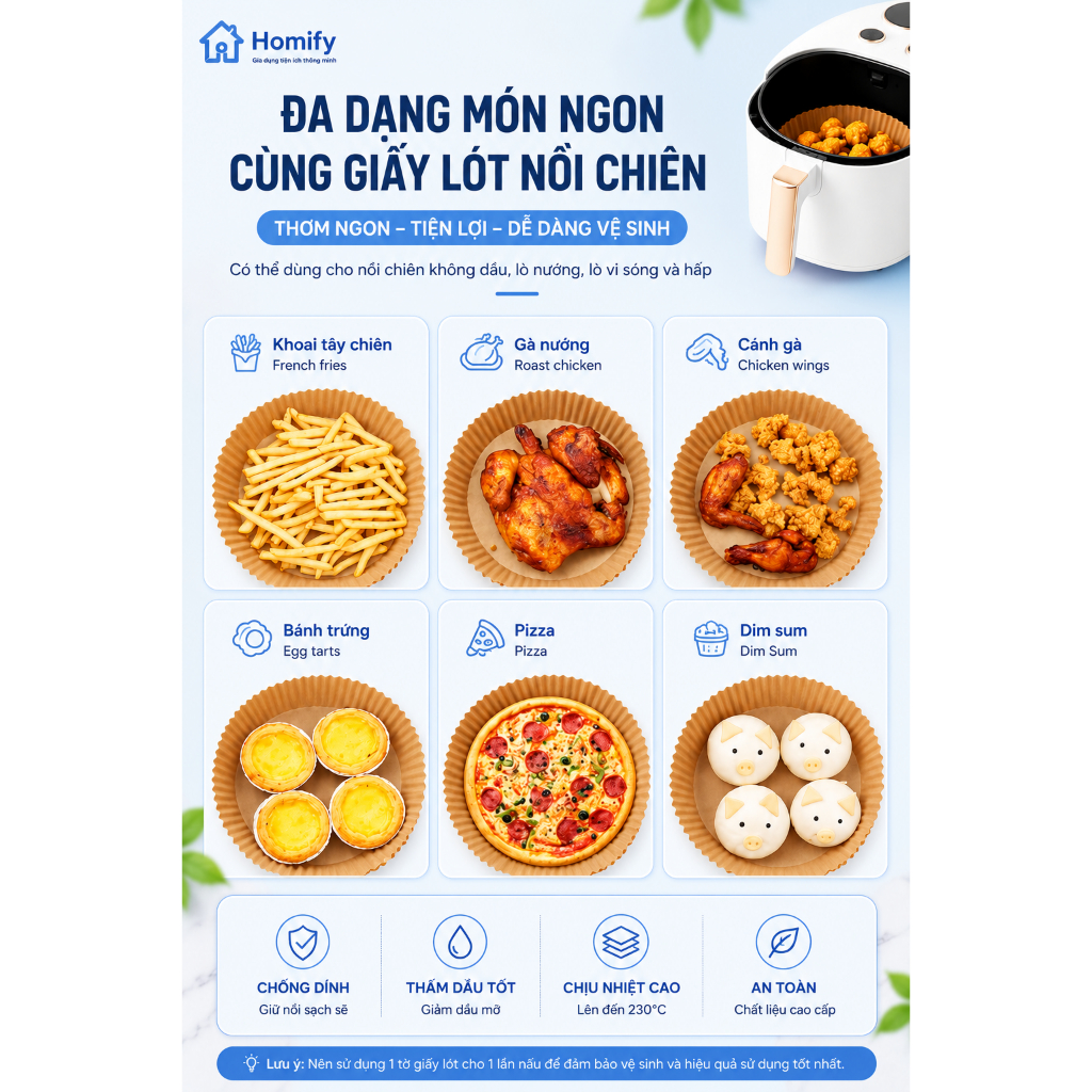 Combo 200 Tờ Khay Giấy Nến Tròn Cho Nồi Chiên Không Dầu Homify Chịu Nhiệt 230°C