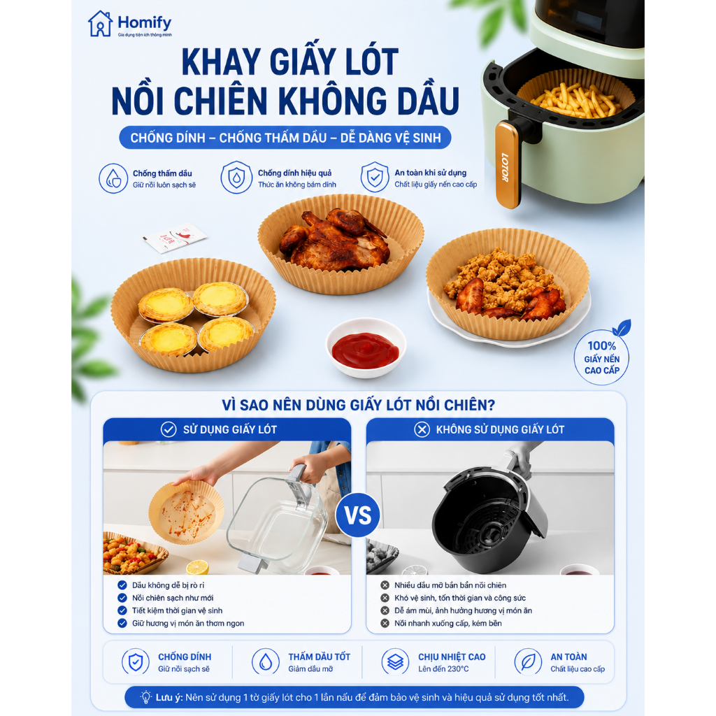 Combo 200 Tờ Khay Giấy Nến Tròn Cho Nồi Chiên Không Dầu Homify Chịu Nhiệt 230°C