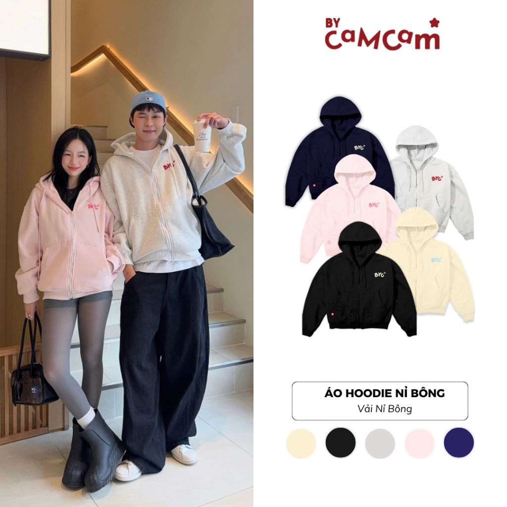 Áo Hoodie Zip Nỉ Bông Không Xù Lông Basic Form Boxy 𝑩𝒚𝒄𝒂𝒎𝒄𝒂𝒎 Urban Khoá Kéo BYC Streetwear Unisex Nam Nữ AHOD243
