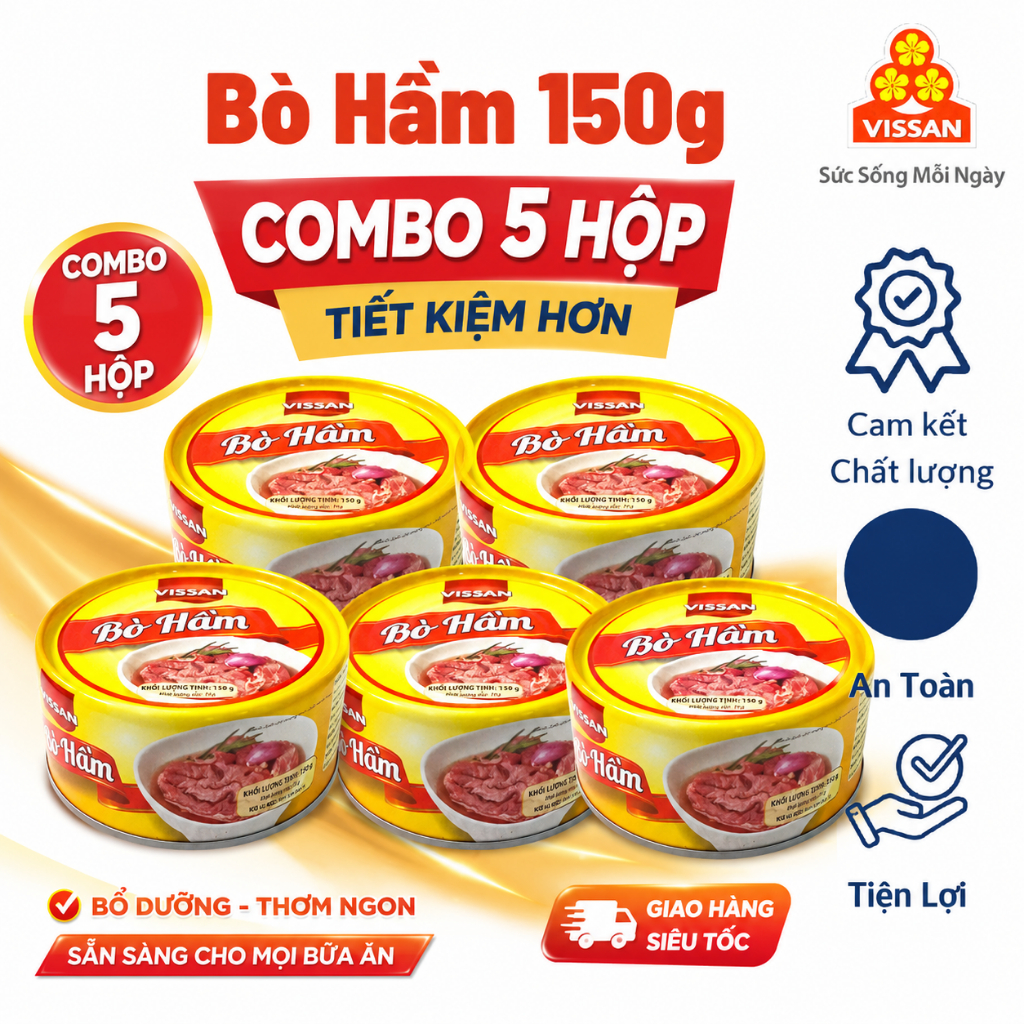 [ HỎA TỐC ] Combo 5 Hộp Bò Hầm Vissan – Date 2028, HSD 36 Tháng, Ăn Liền Tiện Lợi