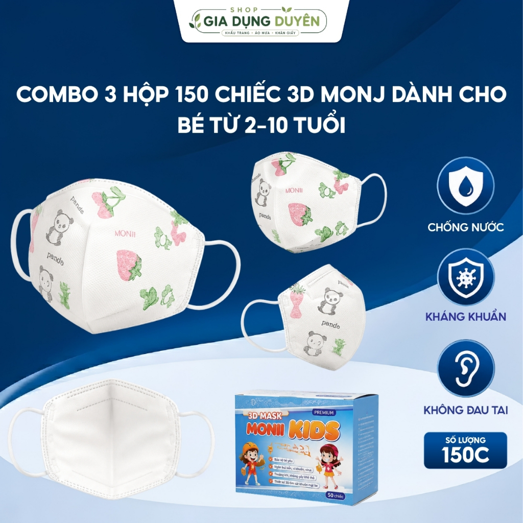 COMBO 3 HỘP 150 CHIẾC 3D MONJ DÀNH CHO BÉ TỪ 2-10 TUỔI, KHẨU TRANG CHO BÉ