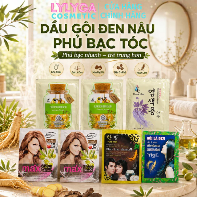 Dầu gội đen nâu phủ bạc tóc 1 Gói 30ml dầu gội nhuộm tóc đen nâu, Gội là đen tigi nhân sâm Hàn Quốc gội nâu hạt dẻ GD01