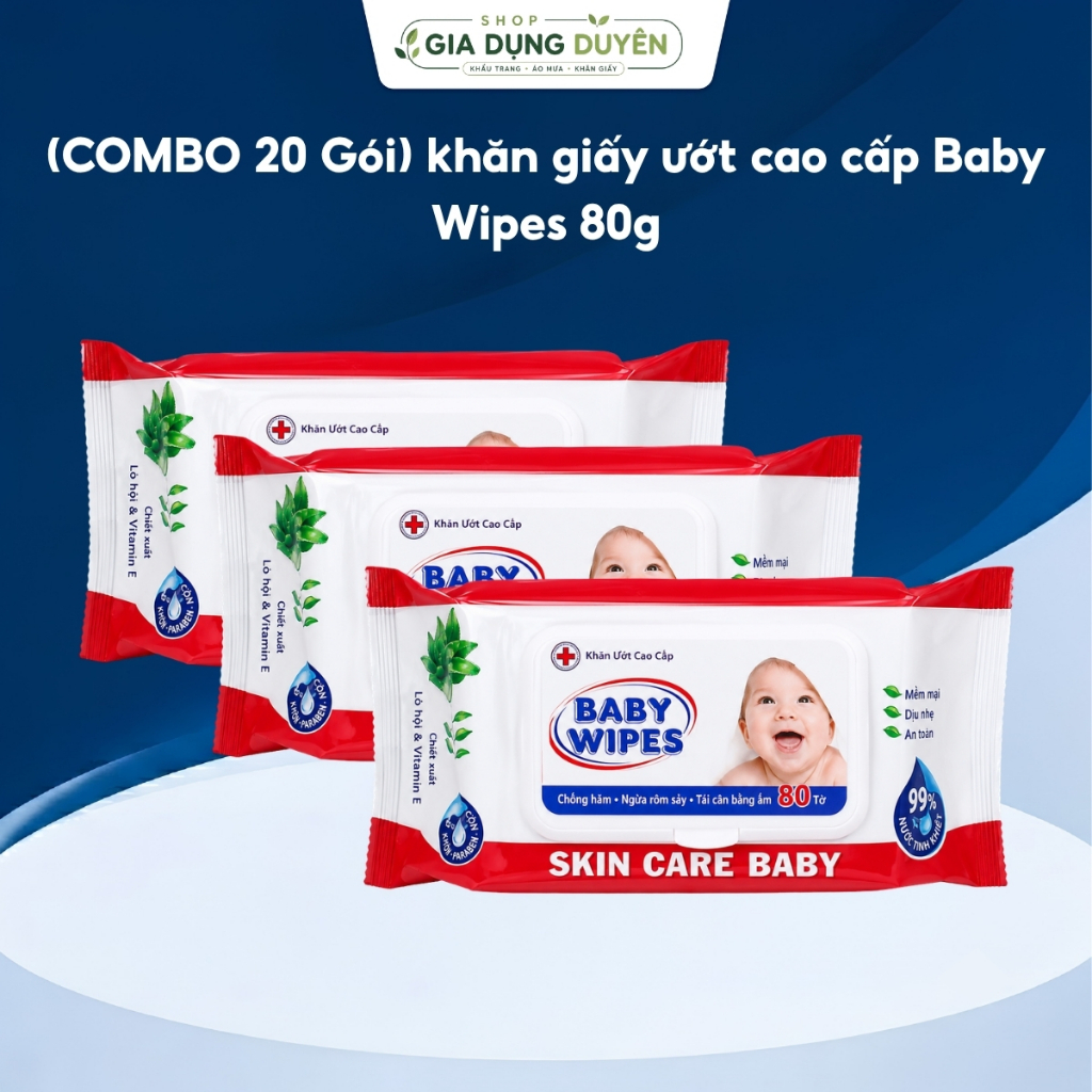 COMBO 20 Gói khăn giấy ướt cao cấp Baby Wipes 80g an toàn cho da thân thiện với môi trường