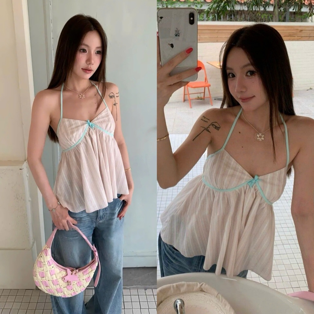 Áo yếm sát nách kẻ sọc hồng viền xanh tiffany nơ ngực dáng xoè tiểu thư ASN099- Tiktik