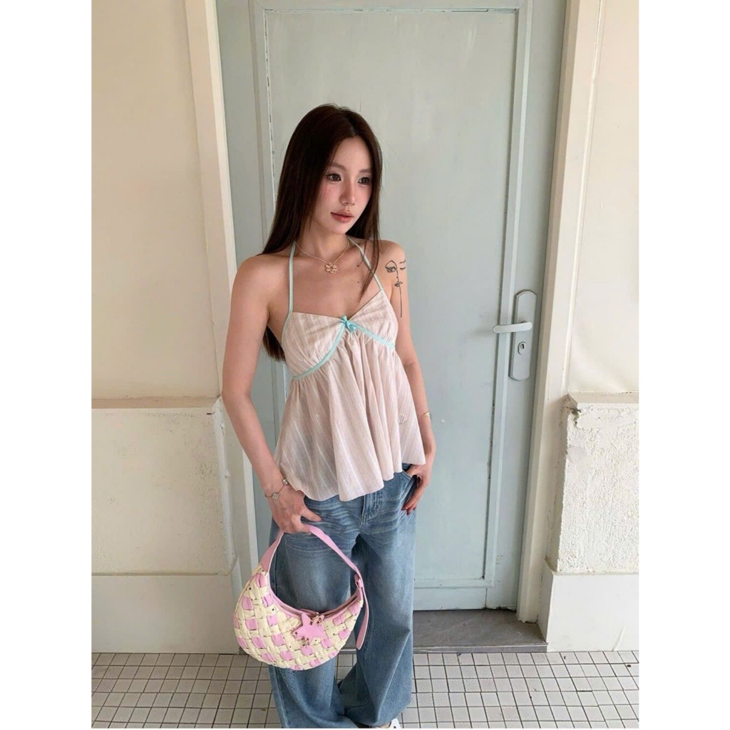 Áo yếm sát nách kẻ sọc hồng viền xanh tiffany nơ ngực dáng xoè tiểu thư ASN099- Tiktik