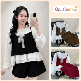 Set Bộ Bigsize Nữ Áo Sơ Mi Trắng Bèo Phối Yếm Dây Dễ Thương Mix Quần Đùi Lưng Chun A347+Q500/Q514