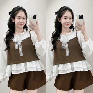 Set Bộ Bigsize Nữ Áo Sơ Mi Trắng Bèo Phối Yếm Dây Dễ Thương Mix Quần Đùi Lưng Chun A347+Q500/Q514