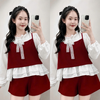 Set Bộ Bigsize Nữ Áo Sơ Mi Trắng Bèo Phối Yếm Dây Dễ Thương Mix Quần Đùi Lưng Chun A347+Q500/Q514