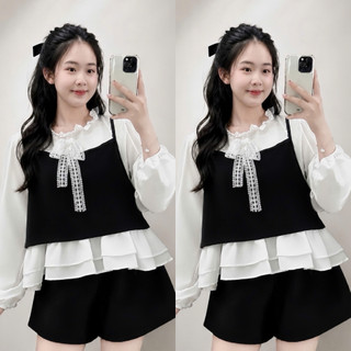 Set Bộ Bigsize Nữ Áo Sơ Mi Trắng Bèo Phối Yếm Dây Dễ Thương Mix Quần Đùi Lưng Chun A347+Q500/Q514