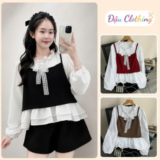 Áo Sơ Mi Phối Gile Bigsize Nữ 2 Món Tách Rời Dễ Thương Áo Tay Bồng Cho Chubby A347
