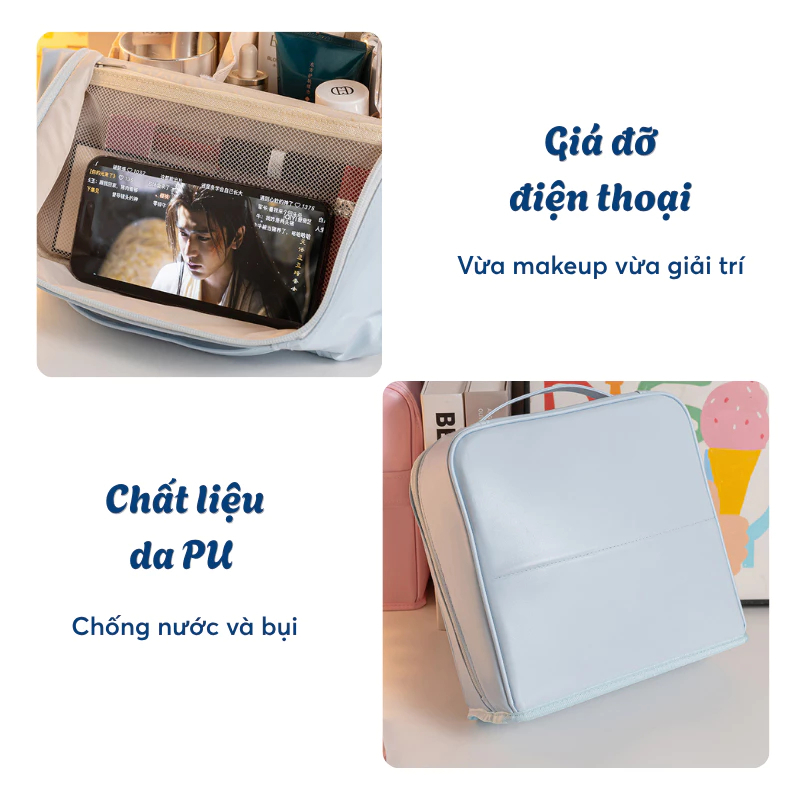 Túi Đựng Đồ Trang Điểm Du Lịch Kèm Gương HOMIE, Túi Đựng Mỹ Phẩm Nhiều Ngăn Da PU Chống Thấm Nước