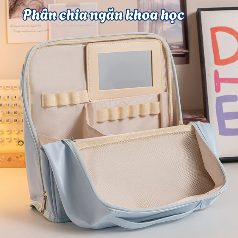Túi Đựng Đồ Trang Điểm Du Lịch Kèm Gương HOMIE, Túi Đựng Mỹ Phẩm Nhiều Ngăn Da PU Chống Thấm Nước