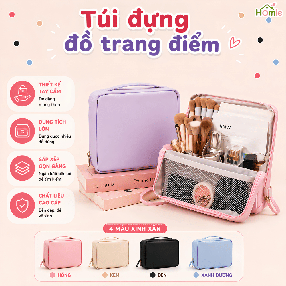 Túi Đựng Đồ Trang Điểm Du Lịch Kèm Gương HOMIE, Túi Đựng Mỹ Phẩm Nhiều Ngăn Da PU Chống Thấm Nước