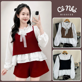 Set Bộ Bigsize Nữ Áo Sơ Mi Phối Gile Tách Rời Mix Quần Đùi Lưng Chun Cho Chubby A347+Q500/Q514