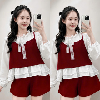 Set Bộ Tiểu Thư Bigsize Nữ Áo Sơ Mi Trắng Phối Yếm Mix Quần Short Dễ Thương A347+Q500/Q514