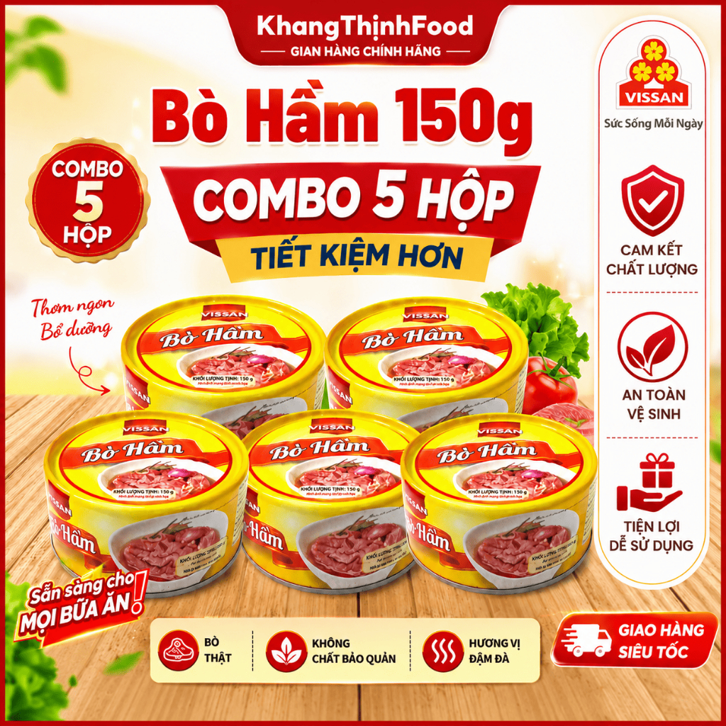 [ HỎA TỐC ] Combo 5 Hộp Bò Hầm Vissan – Date 2028, HSD 36 Tháng, Ăn Liền Tiện Lợi
