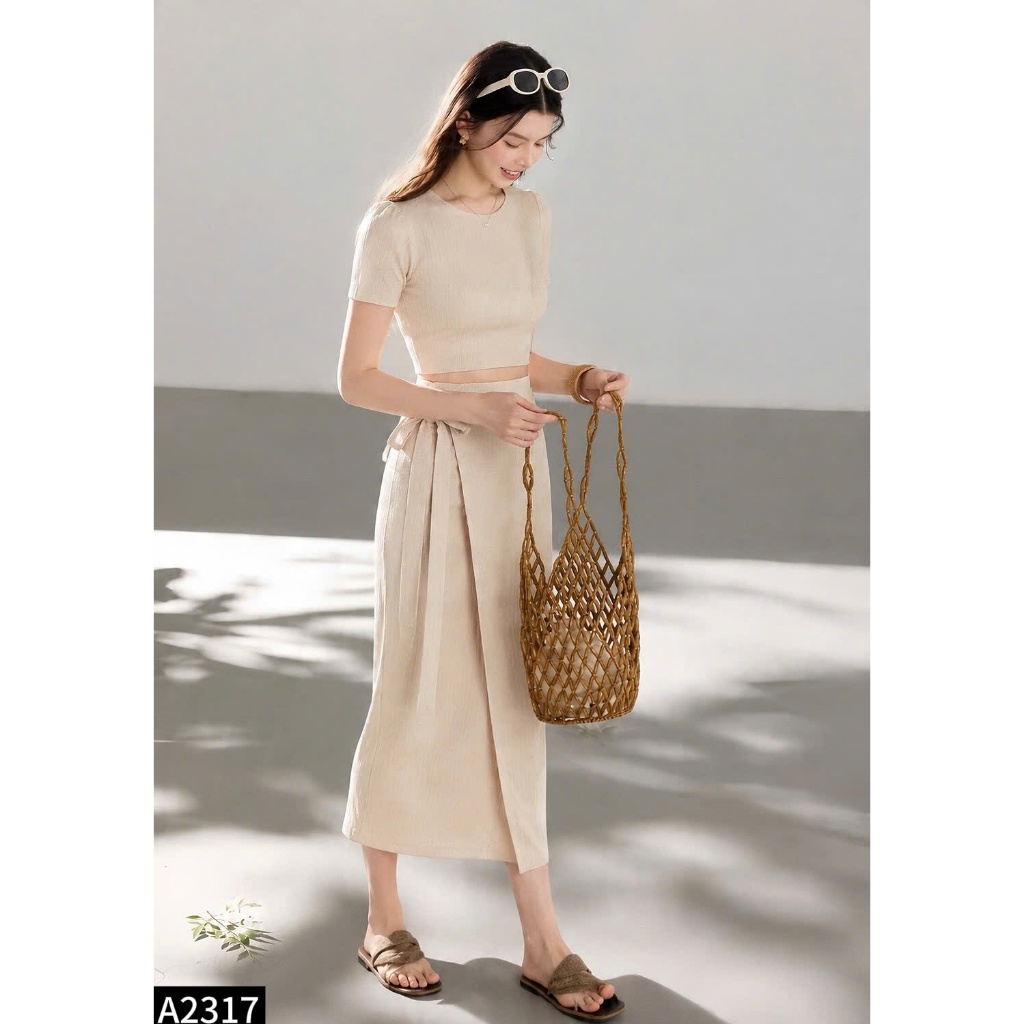 Set bộ thun tăm áo crotop phối chân váy midi dáng dài A2317