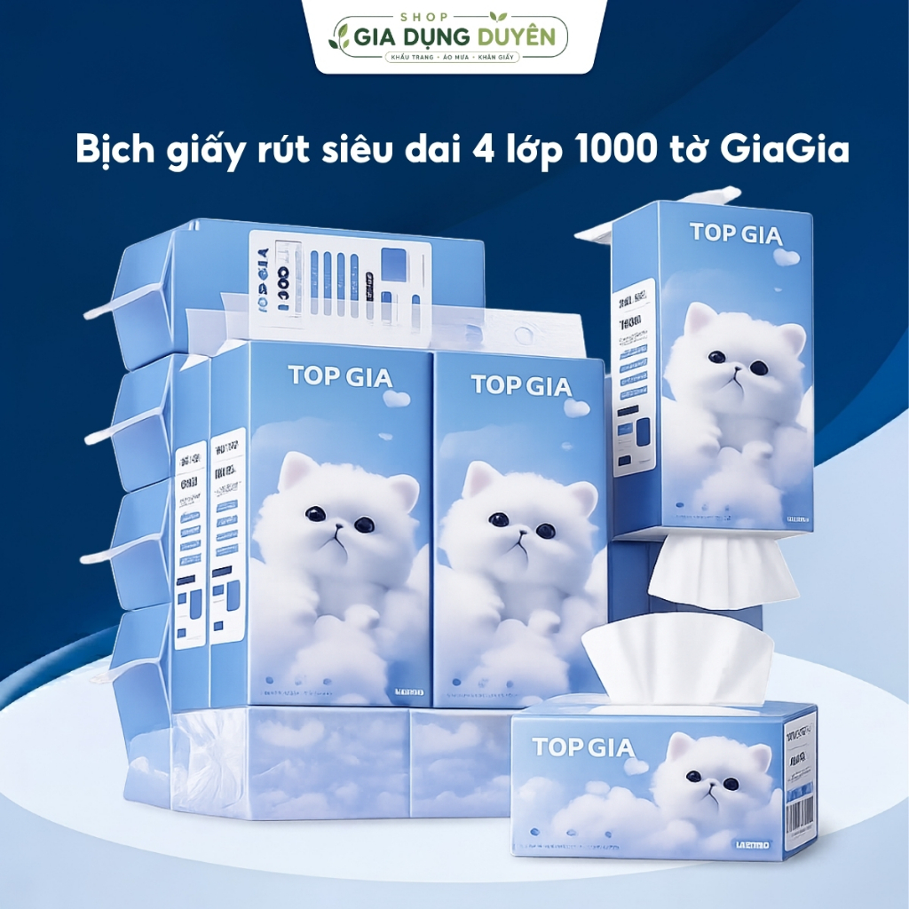 Bịch giấy rút siêu dai 4 lớp 1000 tờ GiaGia tặng kèm móc treo tường- 1 BỊCH