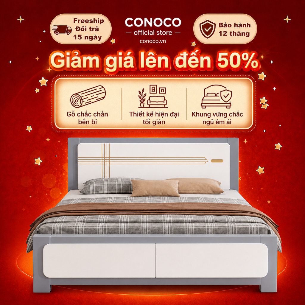 Giường ngủ gỗ hiện đại CONOCO màu xám xanh giường đôi chắc chắn cho phòng ngủ phòng trọ