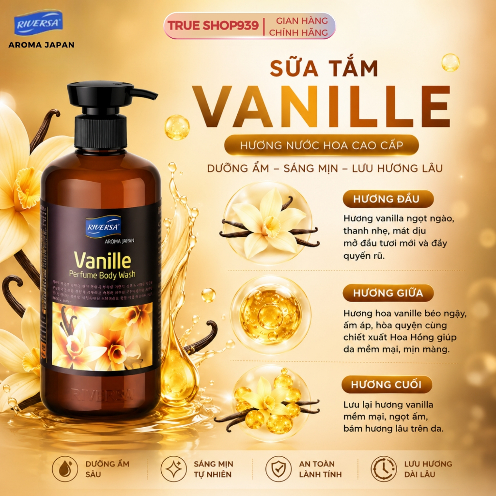 Sữa Tắm Hương Nước Hoa Cao Cấp RIVERSA Trắng Da Dưỡng Ẩm ROMANTIC - VICTORIA - VANILA 950ml