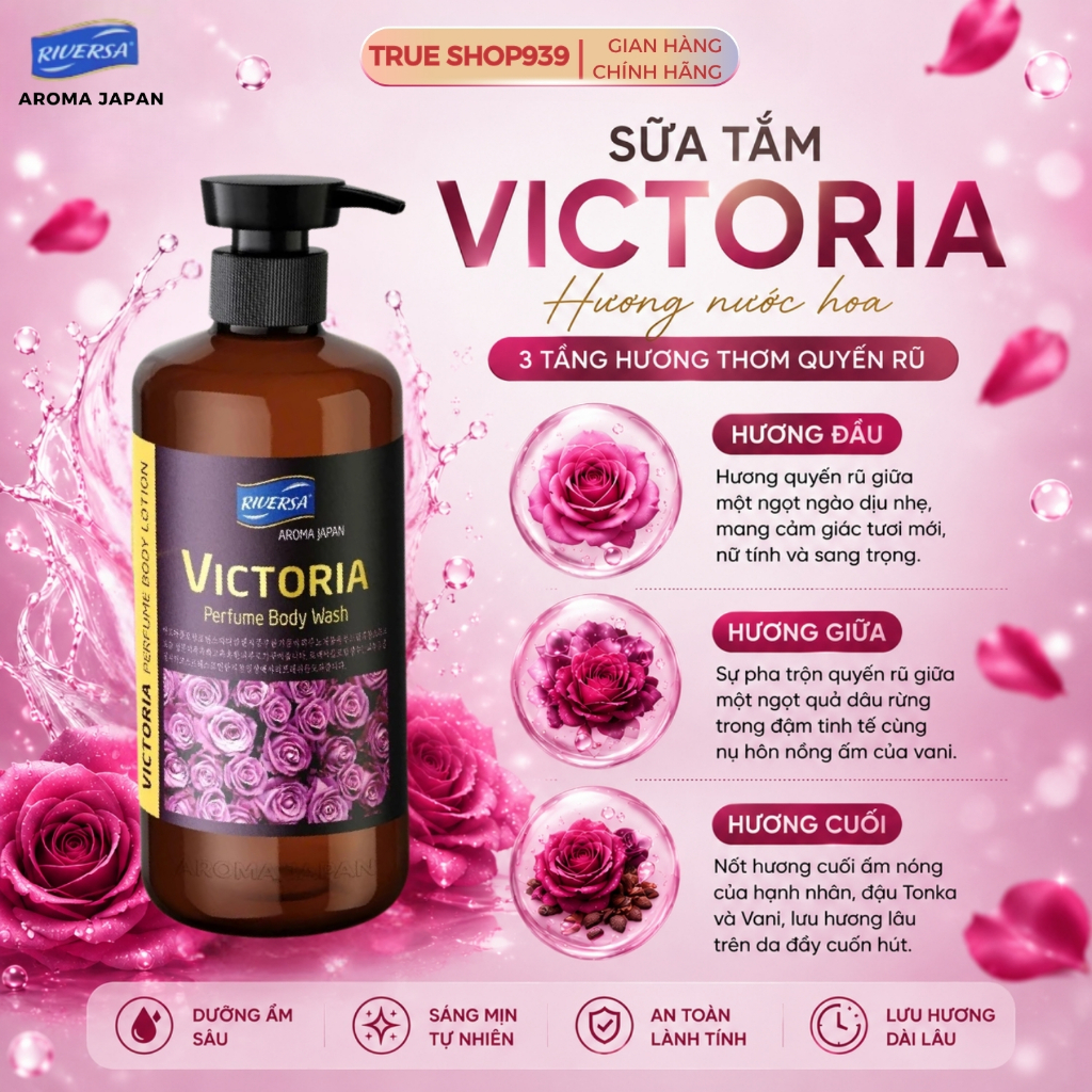 Sữa Tắm Hương Nước Hoa Cao Cấp RIVERSA Trắng Da Dưỡng Ẩm ROMANTIC - VICTORIA - VANILA 950ml