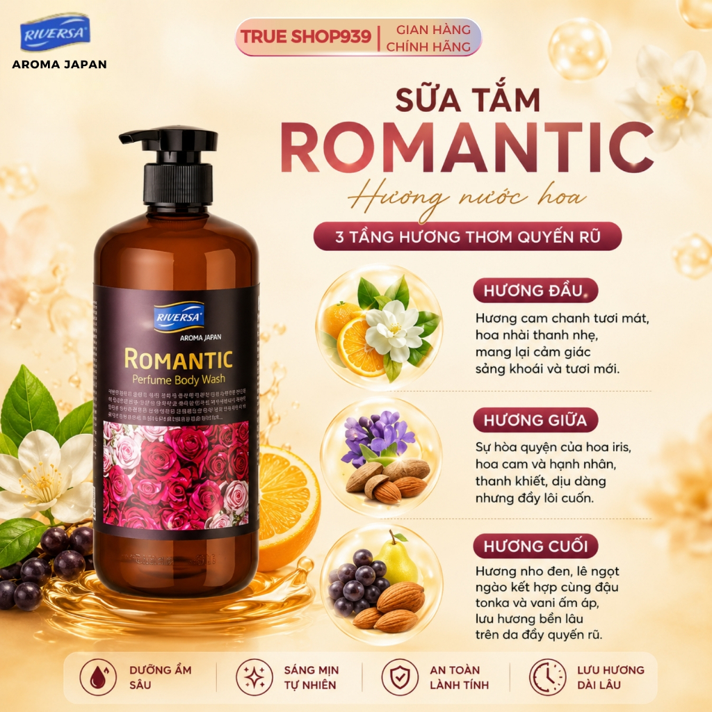 Sữa Tắm Hương Nước Hoa Cao Cấp RIVERSA Trắng Da Dưỡng Ẩm ROMANTIC - VICTORIA - VANILA 950ml