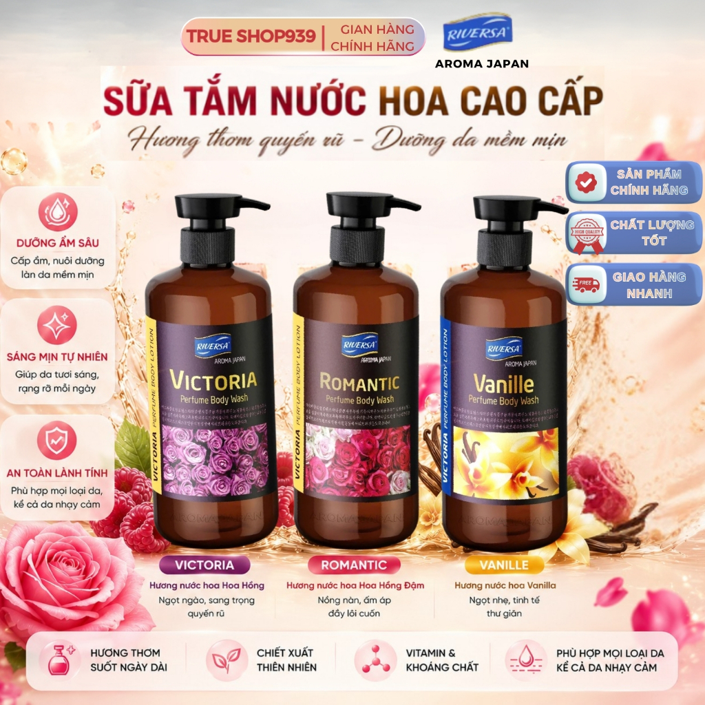 Sữa Tắm Hương Nước Hoa Cao Cấp RIVERSA Trắng Da Dưỡng Ẩm ROMANTIC - VICTORIA - VANILA 950ml
