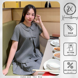 [ S12 ] Set áo cổ sen + chân váy ngắn xếp ly chấm bi xám - Xuananhthomay