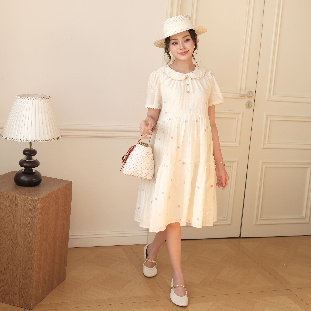 Đầm Bầu DOLLY DRESS L'amme - Thiết Kế Cổ Sen Đi Ren Vintage, Chất Tơ Đũi Mềm Mát Che Bụng Tốt