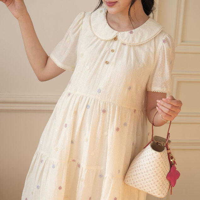 Đầm Bầu DOLLY DRESS L'amme - Thiết Kế Cổ Sen Đi Ren Vintage, Chất Tơ Đũi Mềm Mát Che Bụng Tốt