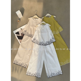 Sét áo linen sát nách thêu gấu + quần xuông dáng dài
