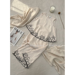 Sét áo linen sát nách thêu gấu + quần xuông dáng dài