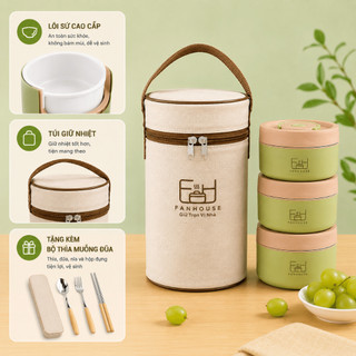 Hộp cơm giữ nhiệt 3 tầng Lunch Box 1500ml hộp đựng cơm inox 304 Fan House tặng bộ đũa thìa