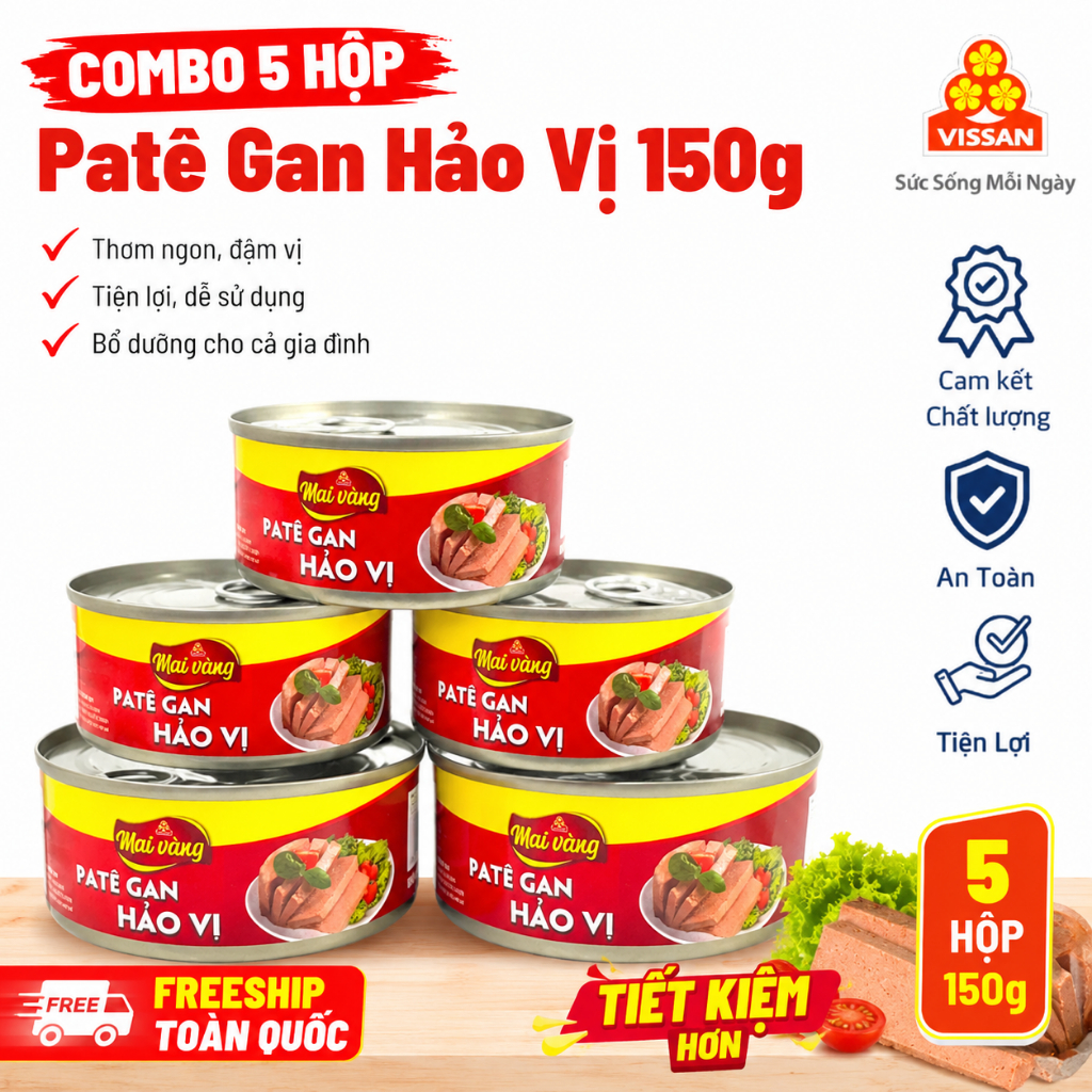 [ COMBO 5 HỘP ] Patê Gan Hảo Vị Vissan – Date 2028, HSD 36 Tháng, Ăn Liền Tiện Lợi
