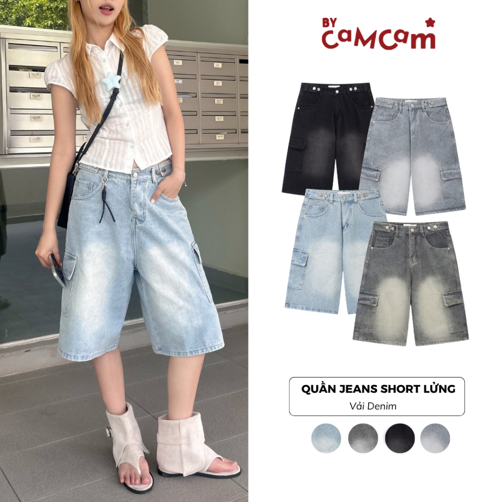 Quần Jeans Short Lửng 𝑩𝒚𝒄𝒂𝒎𝒄𝒂𝒎 Cạp Đính Cúc Vải Denim Phong Cách Hàn Quốc QTL058
