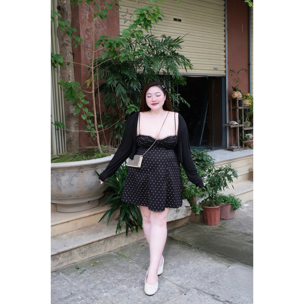 (Múp Bigsize) Đầm 2s cúp ngực chấm bi + khoác bigsize 60-110kg