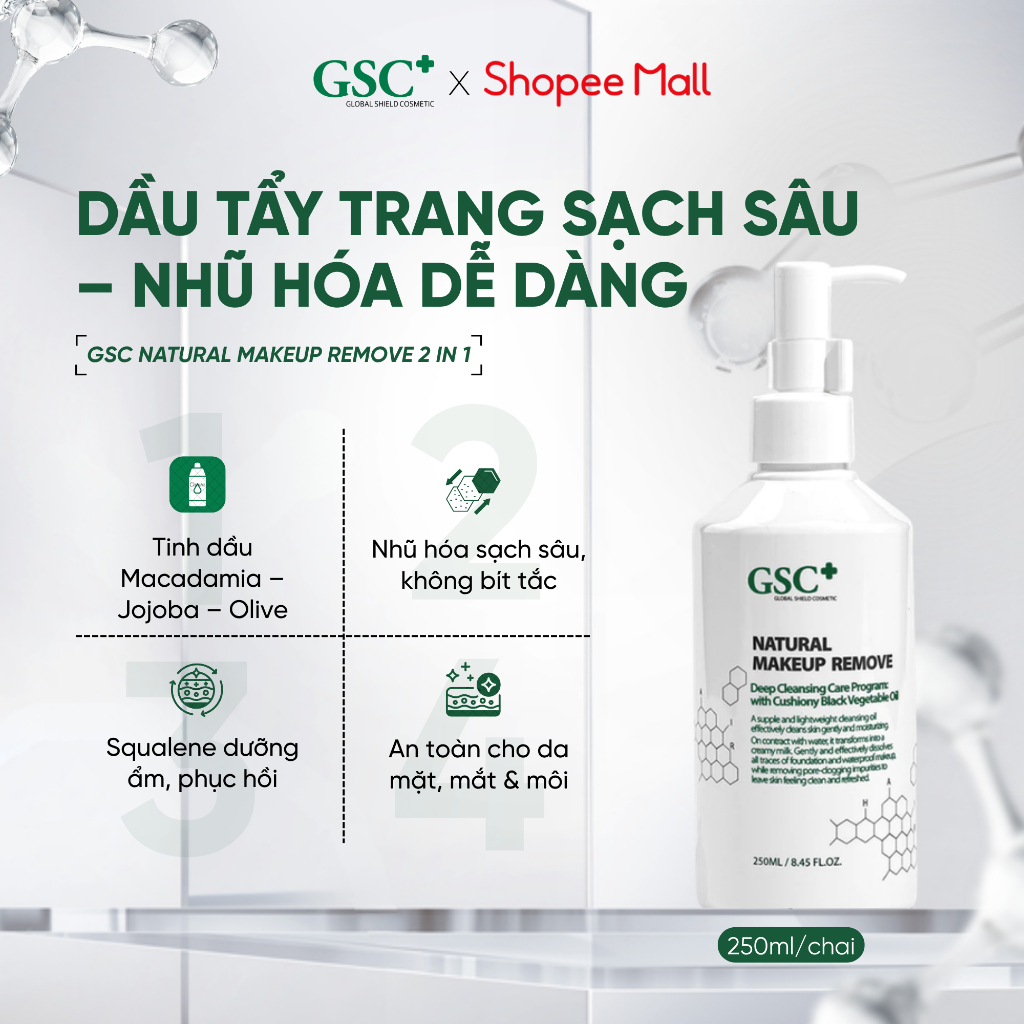 Dầu Tẩy Trang 2 IN 1 Dùng Cho Da Mặt Và Mắt GSC Natural Makeup Remove 250ml , Sạch Sâu, Nhũ Hóa Dễ Dàng - GC029A