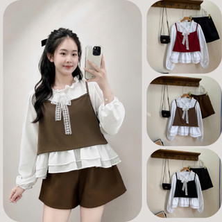 Set Bigsize Nữ Áo Voan Tay Dài Phối Áo 2 Dây + Quần Short Duyên Dáng, Dễ Mặc 50-95kg A347+Q500/Q514
