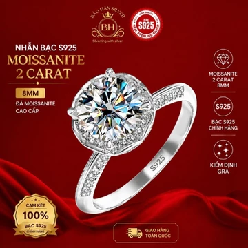 Moissanite 8ly 2carat Nhẫn bạc nữ Moissanite nhẫn kim cương Moissanite bạc 925 nhẫn cầu hôn bạc nhẫn cưới bạc ý BH0226S